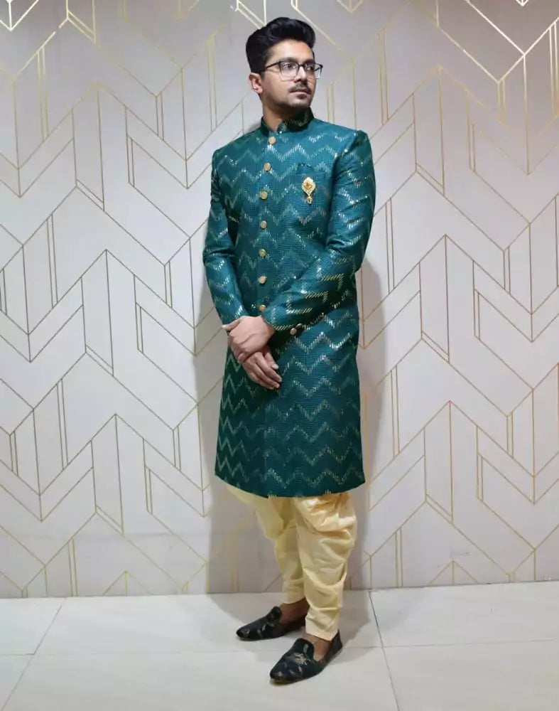 Image of Stylish Rama Green Chevron Raw Silk Embellished Designer Indo-Western Set