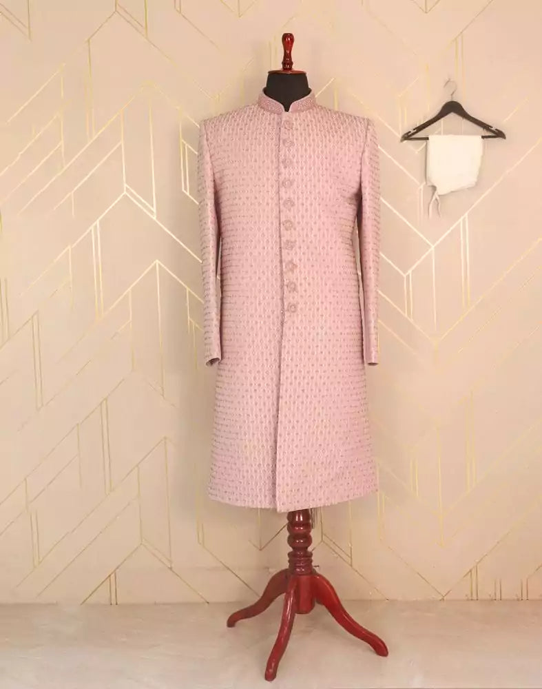 Image of Smart and Elegant Pink Chevron Satin Beads work Indo-Western Set
