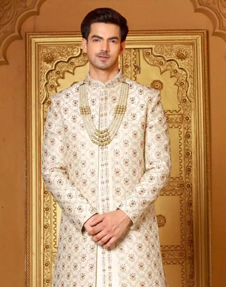 Image of Dashing Cream Coloured Raw Silk Mirror work Indo-Western Set