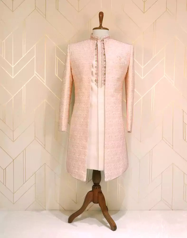 Image of Peach Floral Raw Silk Designer Sherwani Set