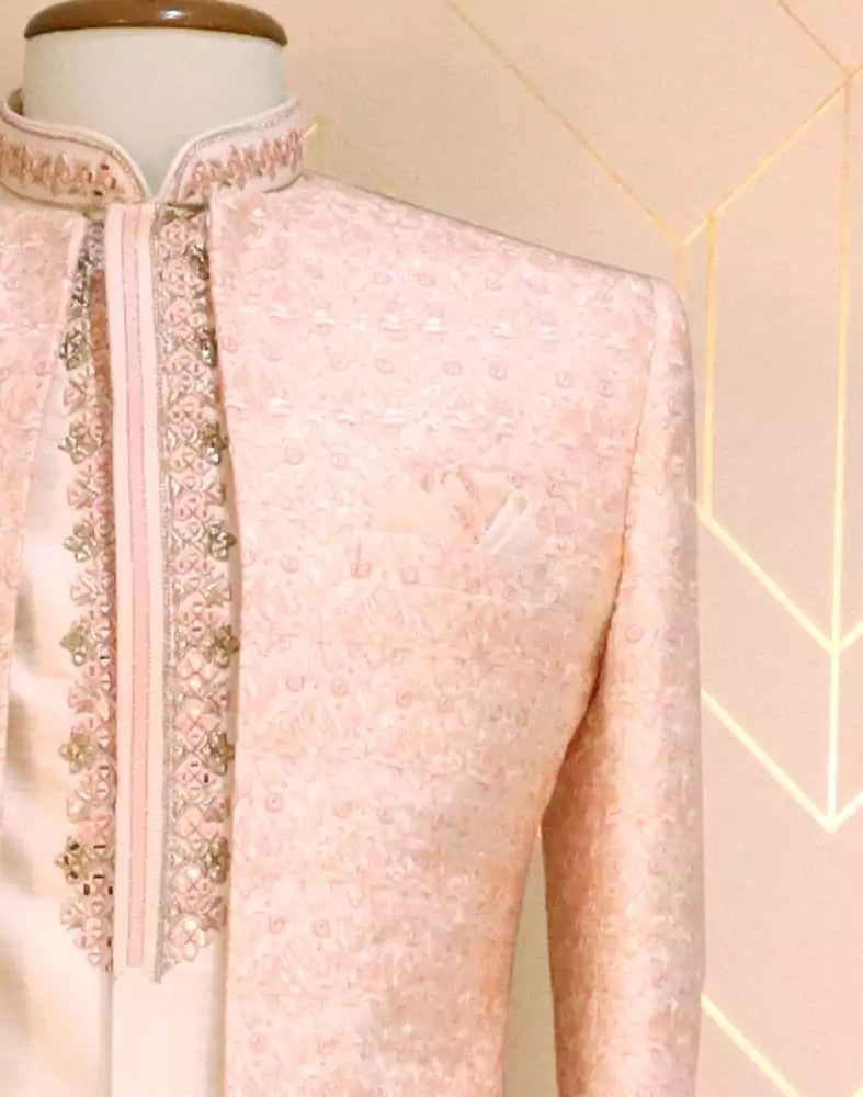 Image of Peach Floral Raw Silk Designer Sherwani Set