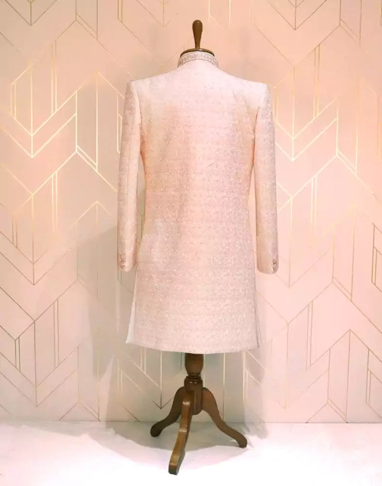 Image of Peach Floral Raw Silk Designer Sherwani Set