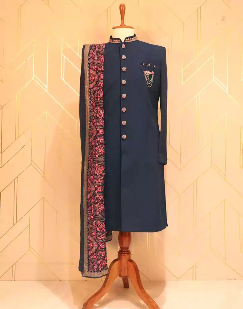 Image of Blue Plain Embroidery work Polynosic Indo-Western Set