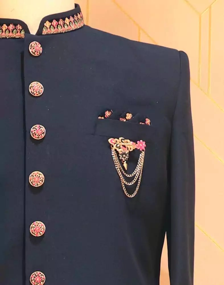 Image of Blue Plain Embroidery work Polynosic Indo-Western Set