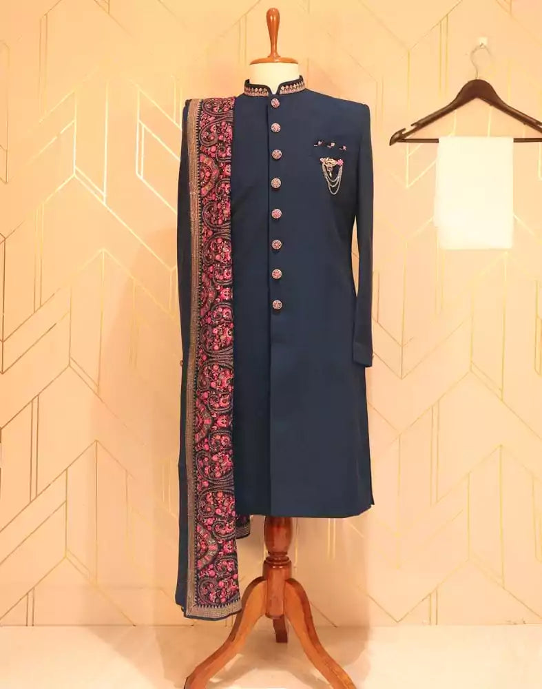 Image of Blue Plain Embroidery work Polynosic Indo-Western Set
