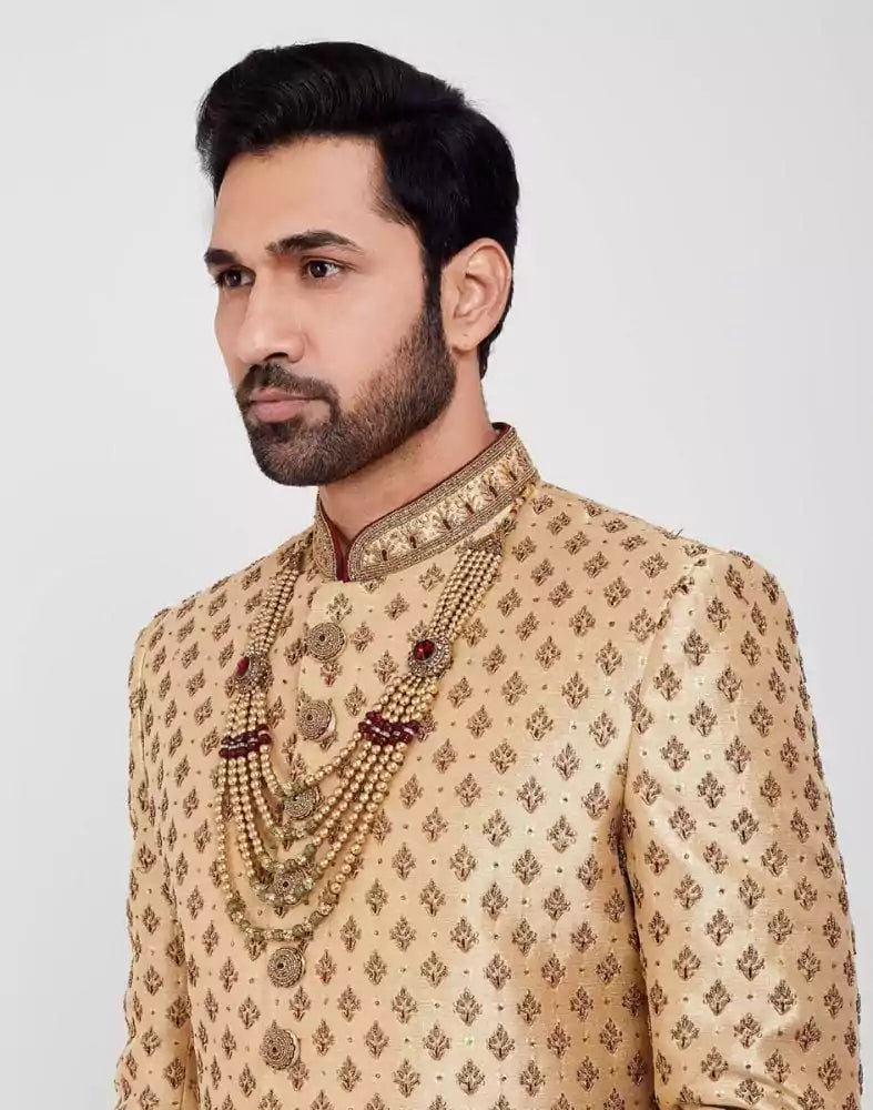 Image of Smart-Fit Gold Floral Raw Silk Beads Indo-Western Set