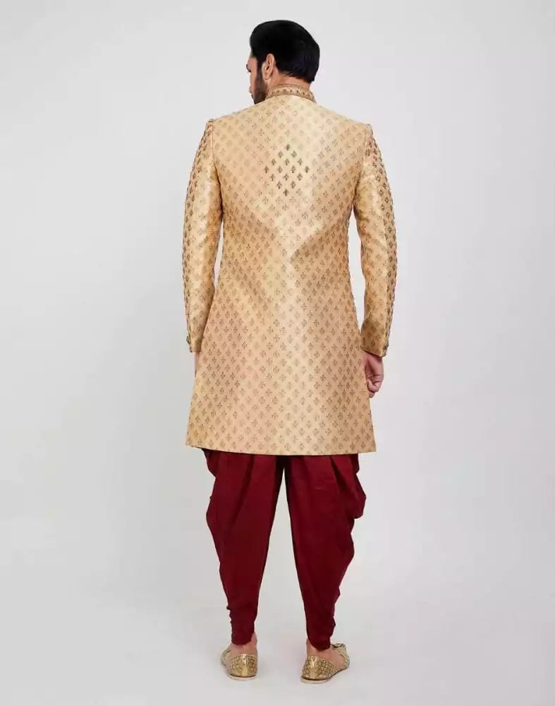 Image of Smart-Fit Gold Floral Raw Silk Beads Indo-Western Set