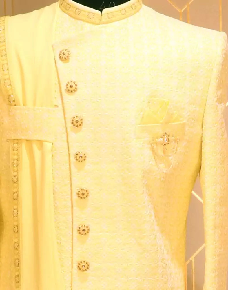 Image of Yellow Floral Raw Silk Chikankari Indo Western Set