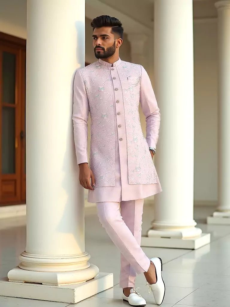 Image of Indya Light Pink Embroidery Floral Raw Silk Kurta Jacket Set - South India Shopping Mall