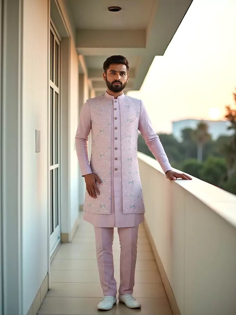 Image of Indya Light Pink Embroidery Floral Raw Silk Kurta Jacket Set - South India Shopping Mall