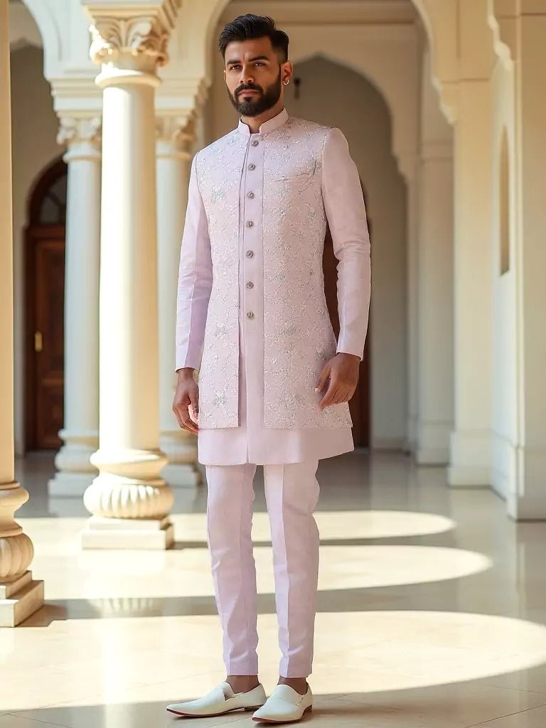 Image of Indya Light Pink Embroidery Floral Raw Silk Kurta Jacket Set - South India Shopping Mall