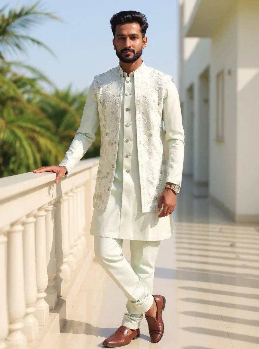 Image of Indya Sky Embroidered Jacquard Floral Design Kurta Jacket Set - South India Shopping Mall