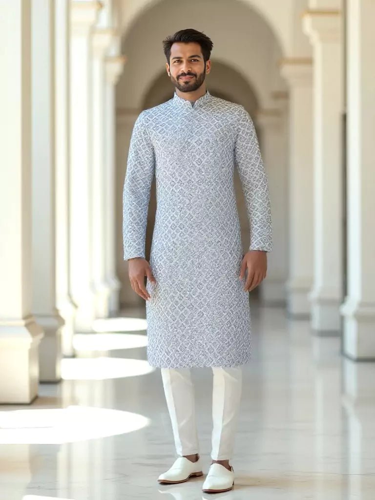 Image of Ink Blue Floral Design Cotton Straight Kurta with Pyjama - South India Shopping Mall