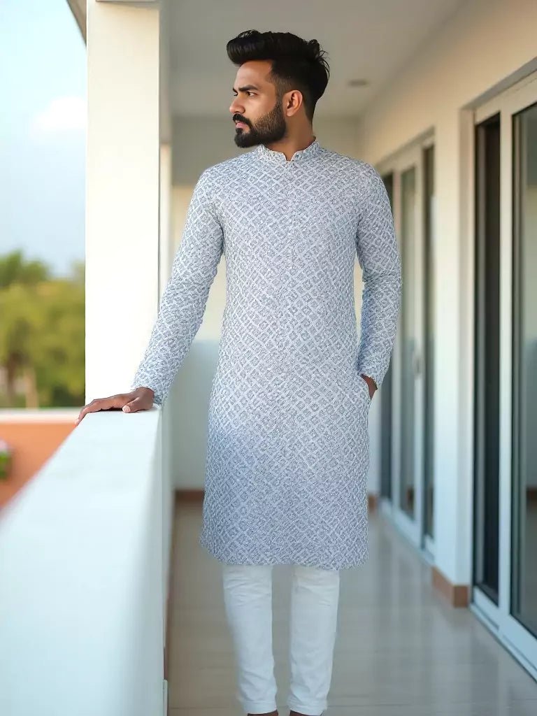 Image of Ink Blue Floral Design Cotton Straight Kurta with Pyjama - South India Shopping Mall