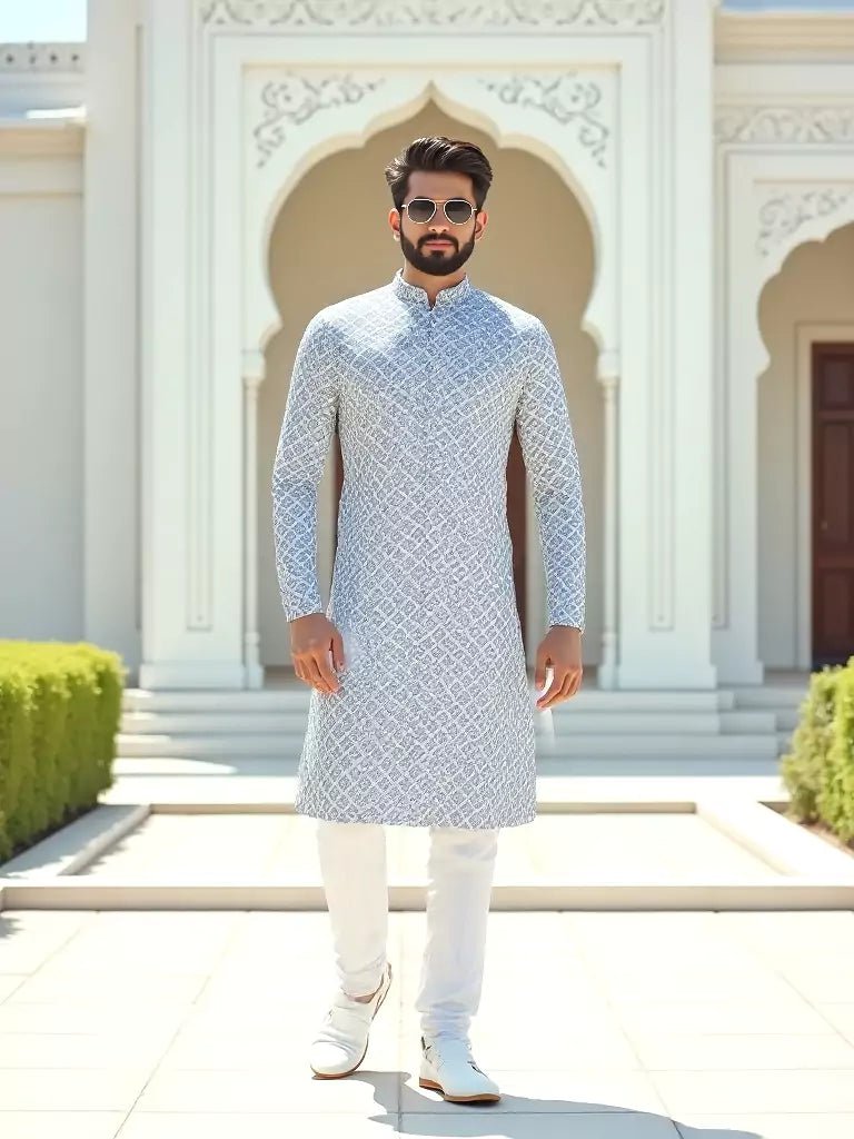 Image of Ink Blue Floral Design Cotton Straight Kurta with Pyjama - South India Shopping Mall