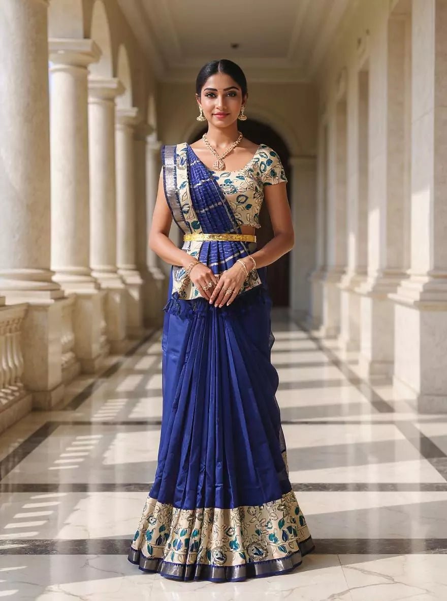 Image of Ink Blue Mangalagiri Silk Plain Saree with Kalamkari Border - South India Shopping Mall