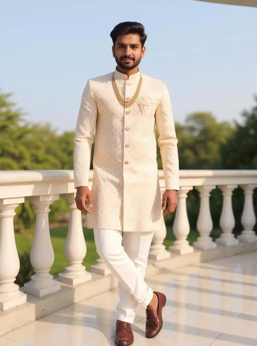 Golden Fawn Self Patterned Jacquard Semi Indo with Mala