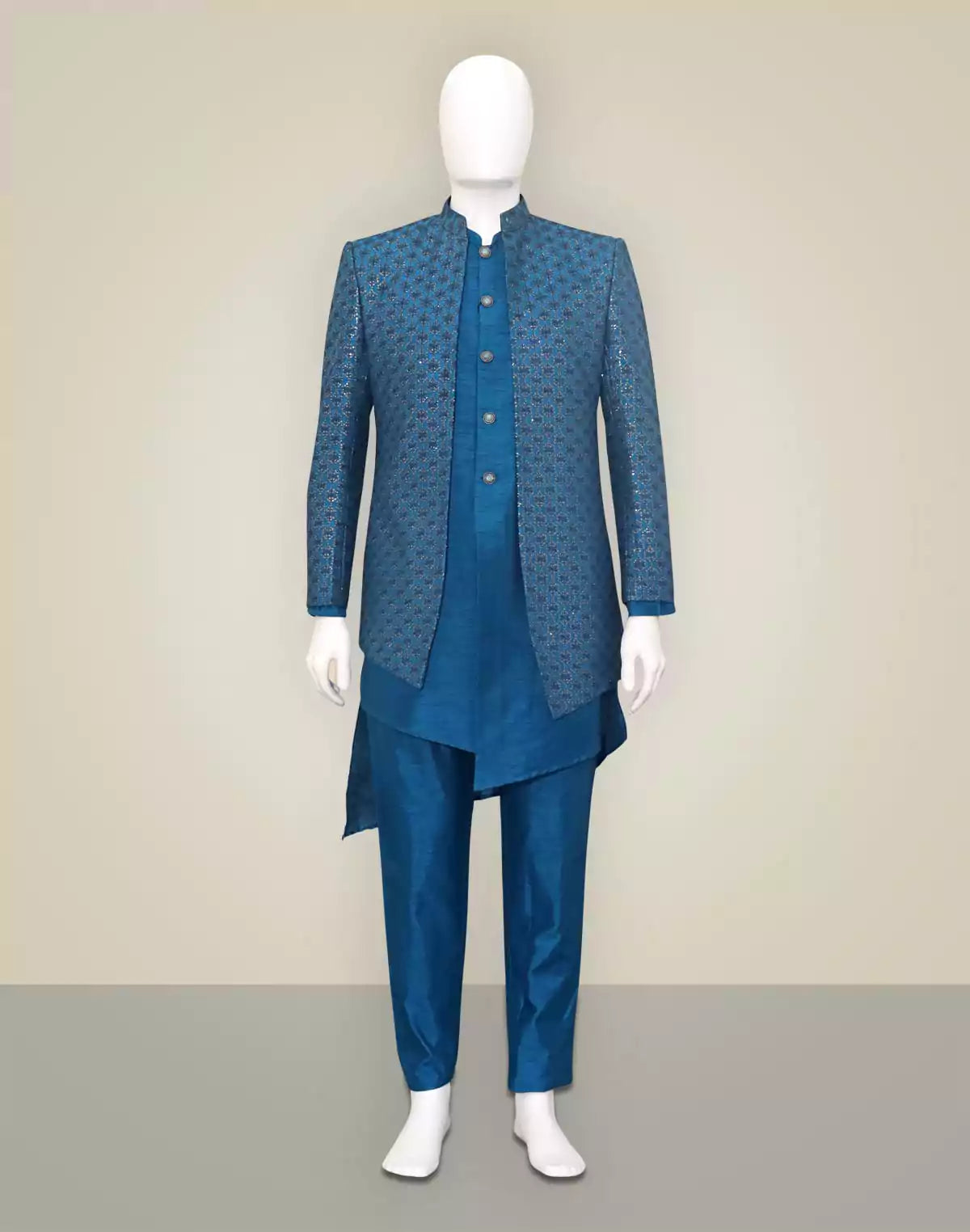 Image of Teal Blue Sequins work Raw Silk Open Jacket Style Indo Western