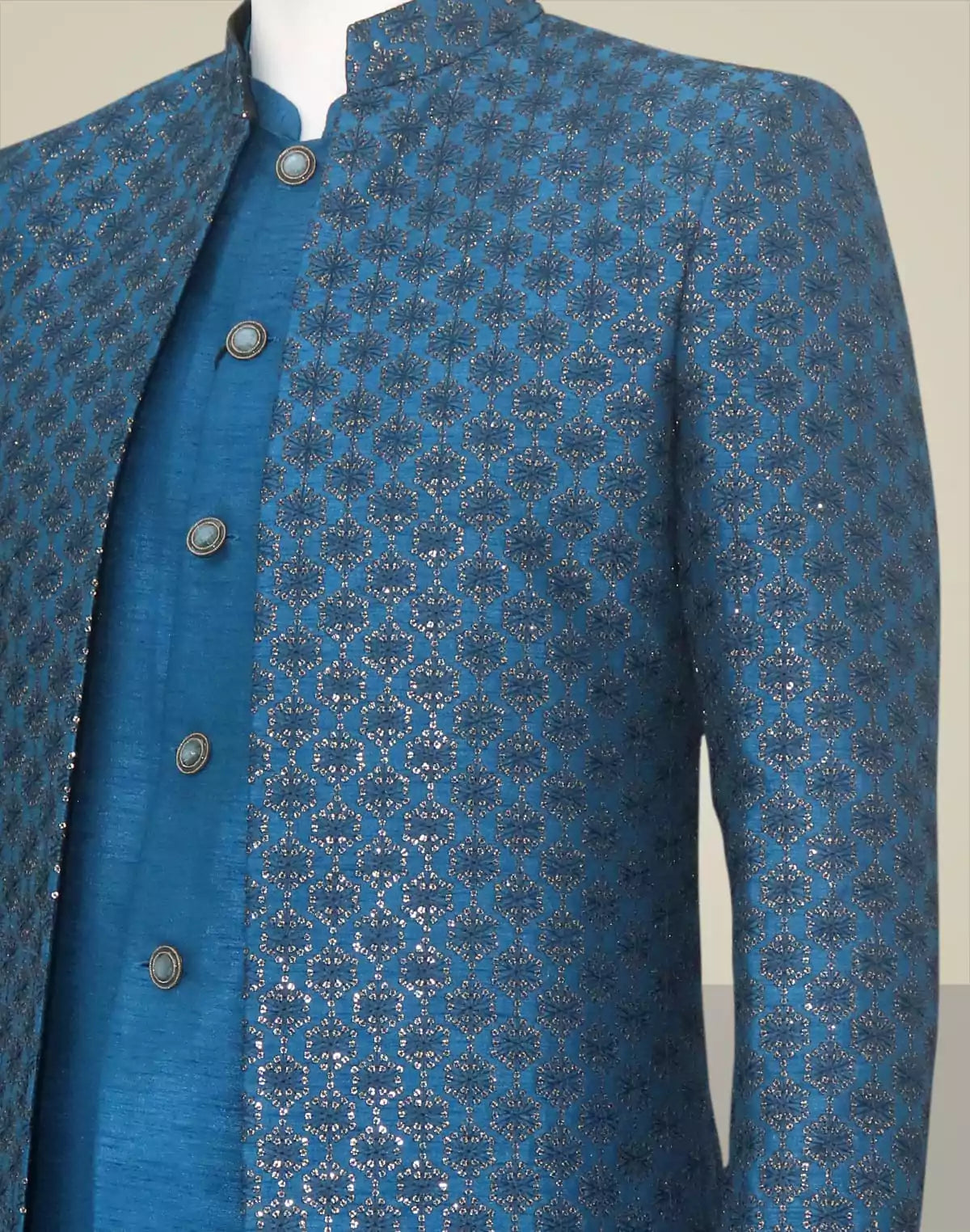Image of Teal Blue Sequins work Raw Silk Open Jacket Style Indo Western