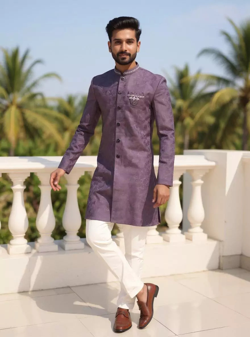 Image of Designer Purple Self Patterned Jacquard Semi Indo