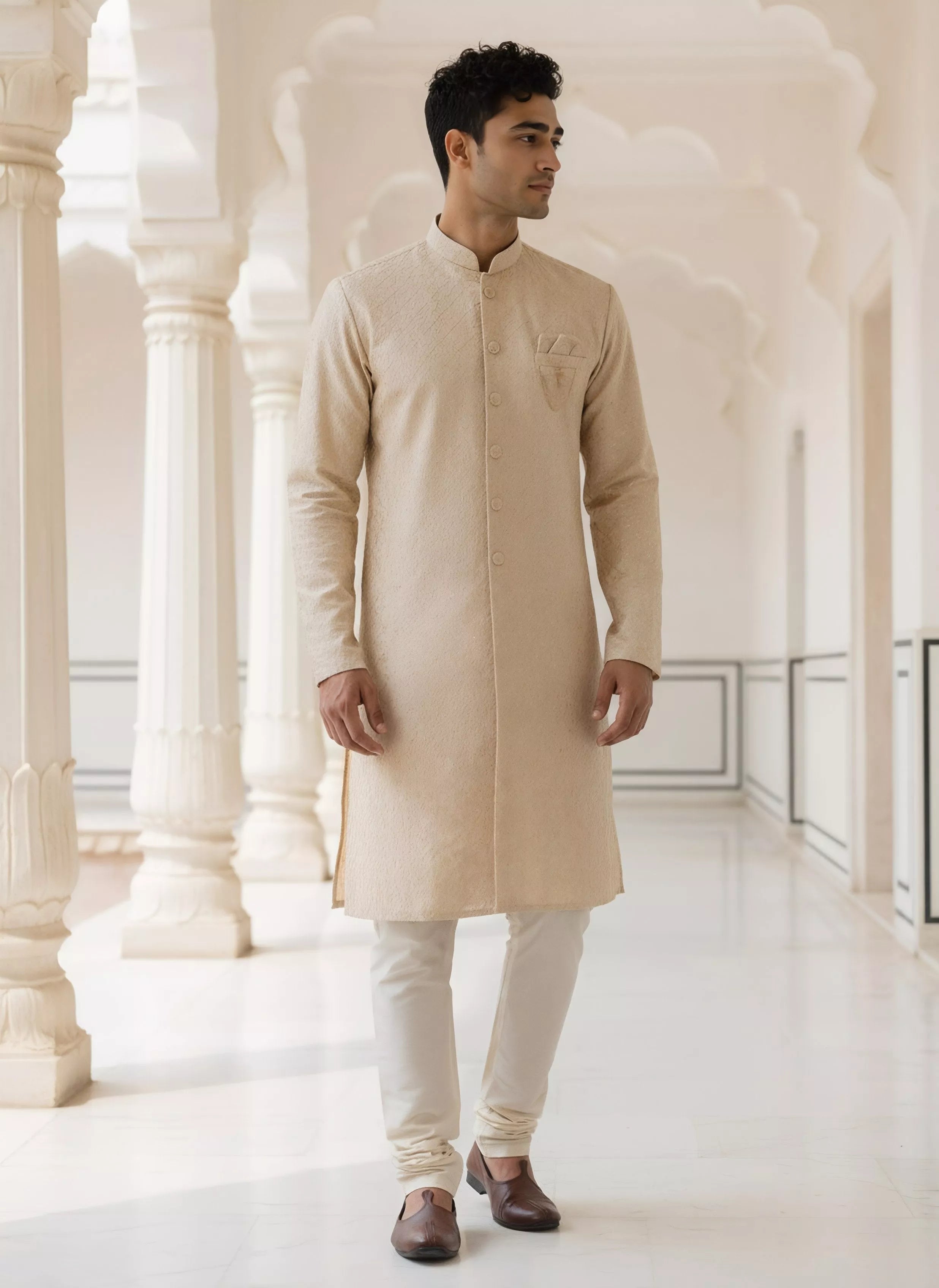 Image of Chiku Colour Floral Thread work Cotton Silk Semi Indo