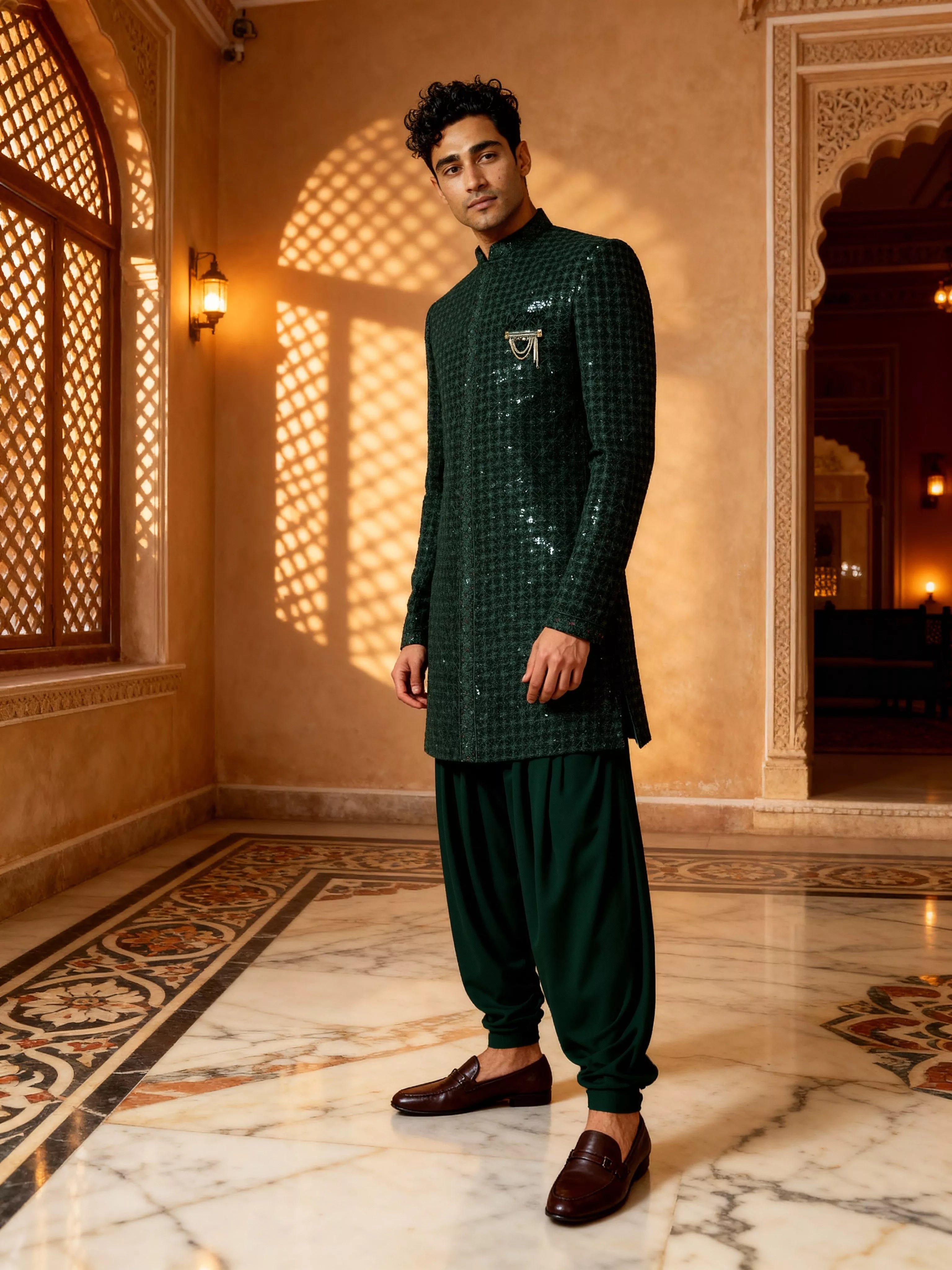 Image of Heavy Thread Embroidered Velvet Indo Western Set in Rama