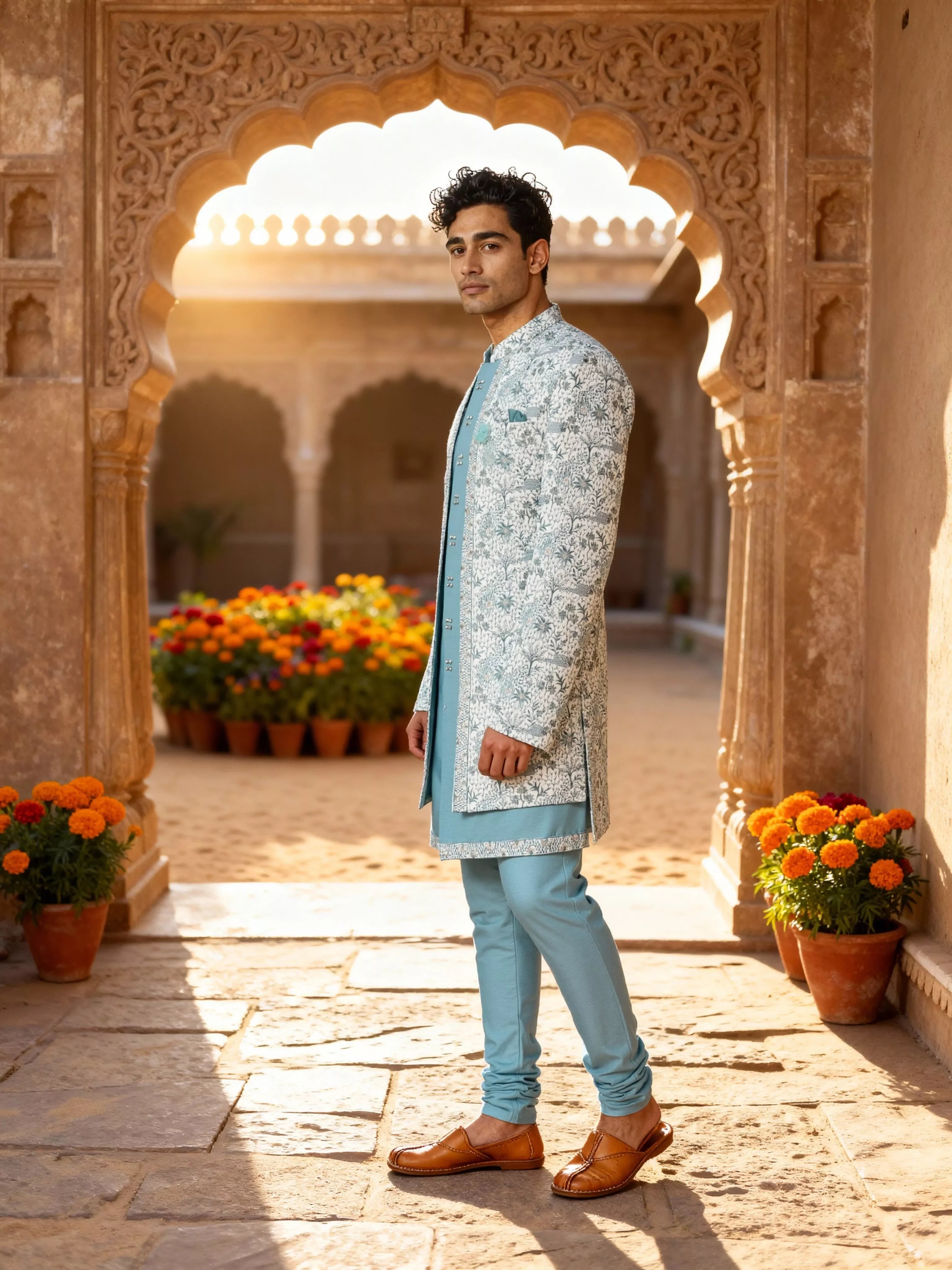 Firozi All Over Heavy Botanical Thread work Georgette Indo Jacket Set