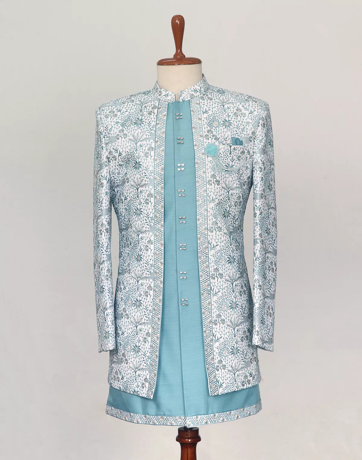 Firozi All Over Heavy Botanical Thread work Georgette Indo Jacket Set