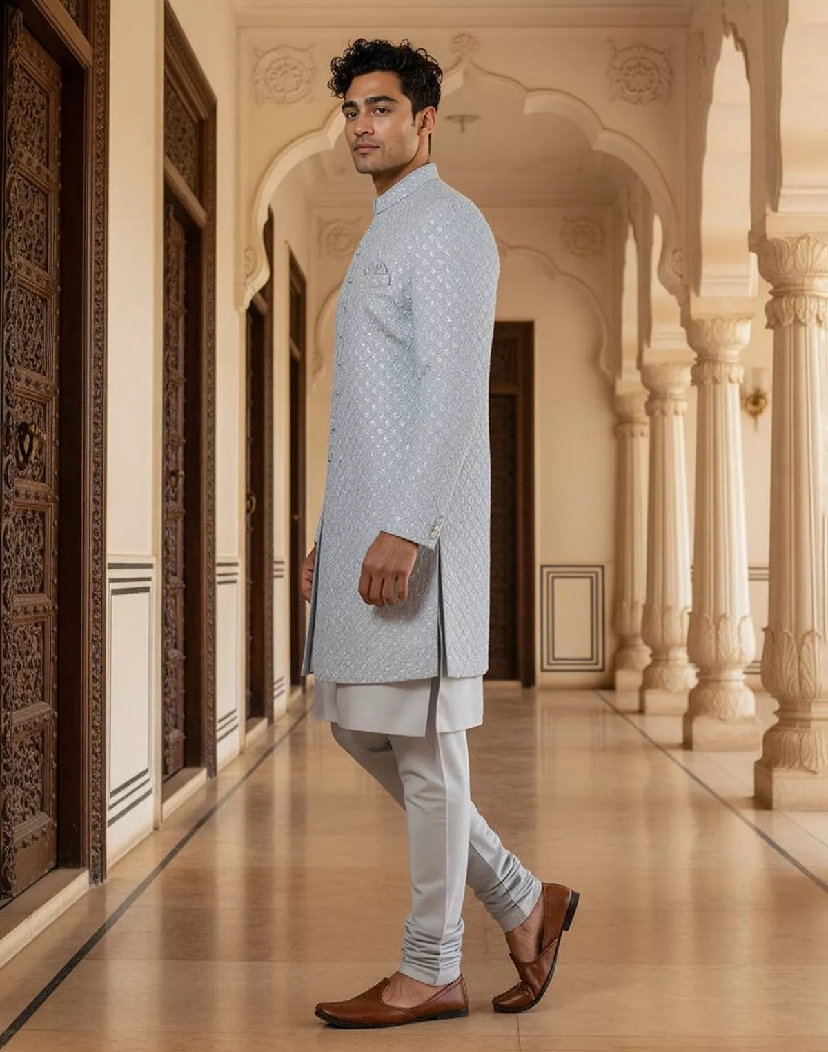 Image of Grey Brocade Thread work Cotton Silk Indo-Open Jacket Set