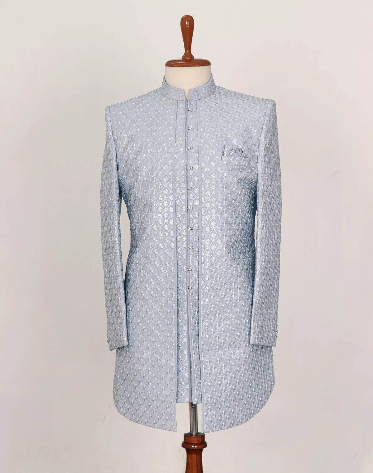 Grey Brocade Thread work Cotton Silk Indo-Open Jacket Set