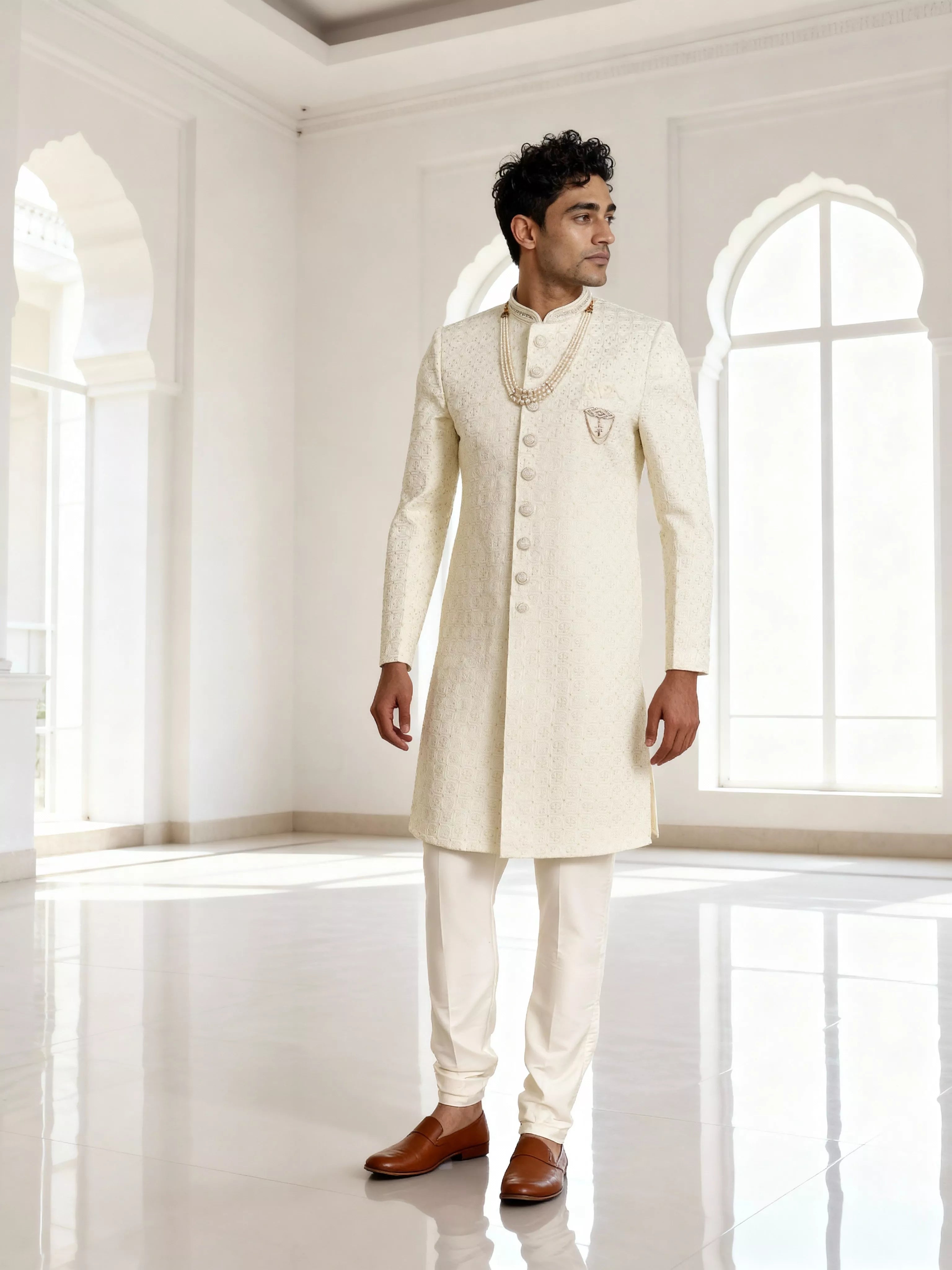 Image of Exclusive Cream Cotton Silk Thread work Indo Western with Mala