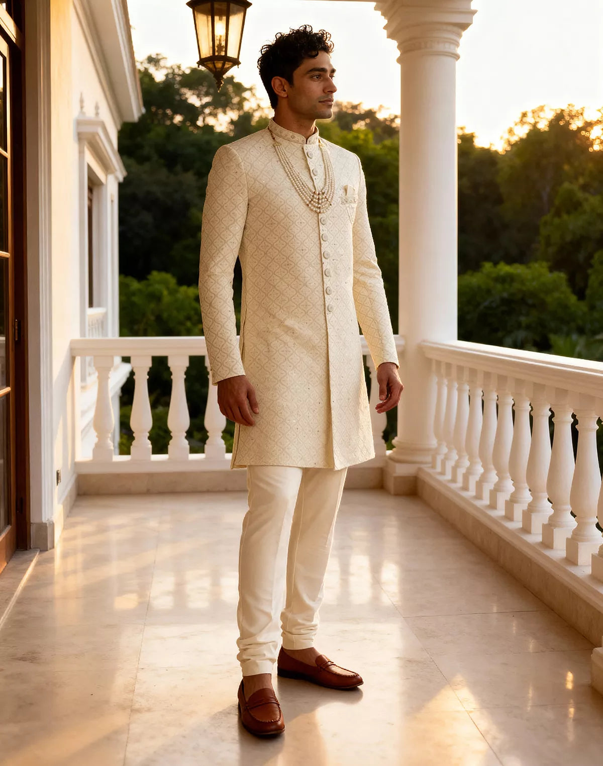 Elegant White Floral Thread work Satin Indo Western with Mala