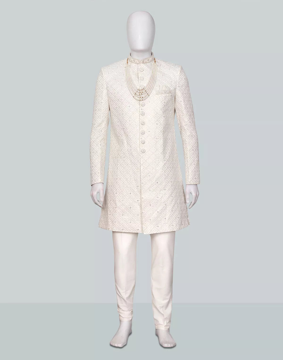 Elegant White Floral Thread work Satin Indo Western with Mala