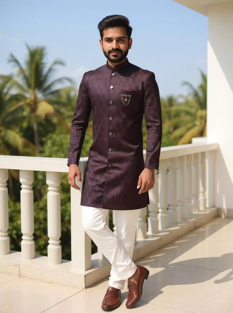 Image of Men's Purple Self Design Jacquard Semi-Indo