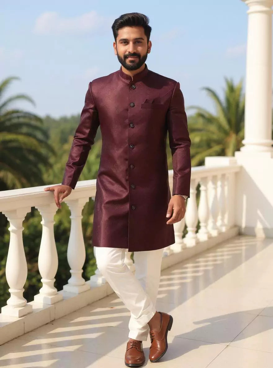 Image of Wine Imperial Patterned Jacquard Semi-Indo Set