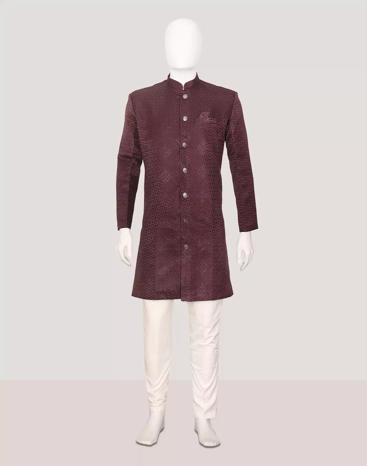 Image of Wine Imperial Patterned Jacquard Semi-Indo Set