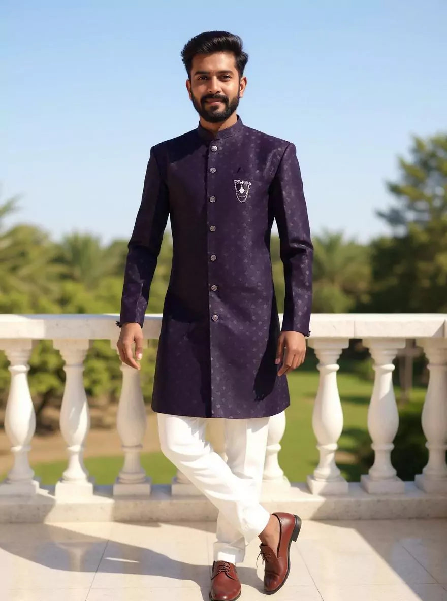 Dark Lilac Jacquard Self Design Semi-Indo Set