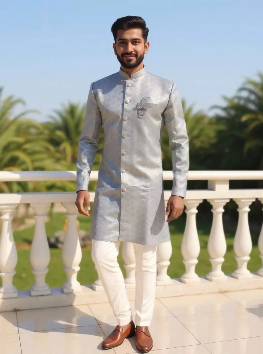 Image of Grey Self Floral Weaving Jacquard Semi Indo