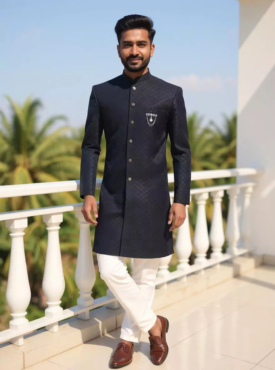 Image of Men's Navy Blue Self Patterned Jacquard Semi Indo