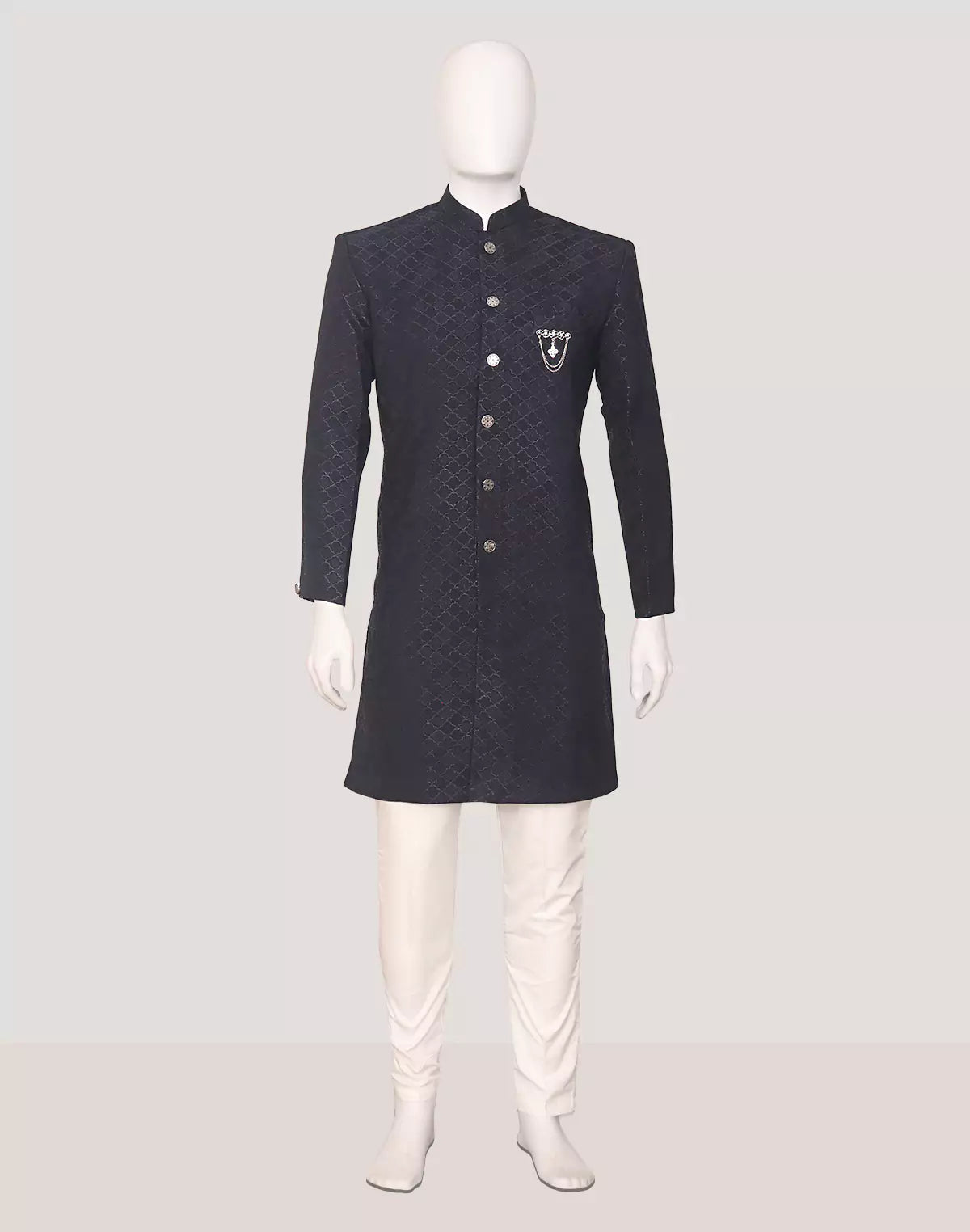 Image of Men's Navy Blue Self Patterned Jacquard Semi Indo