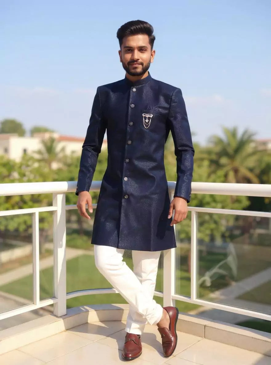 Image of Deep Navy Blue Imperial Patterned Jacquard Semi Indo