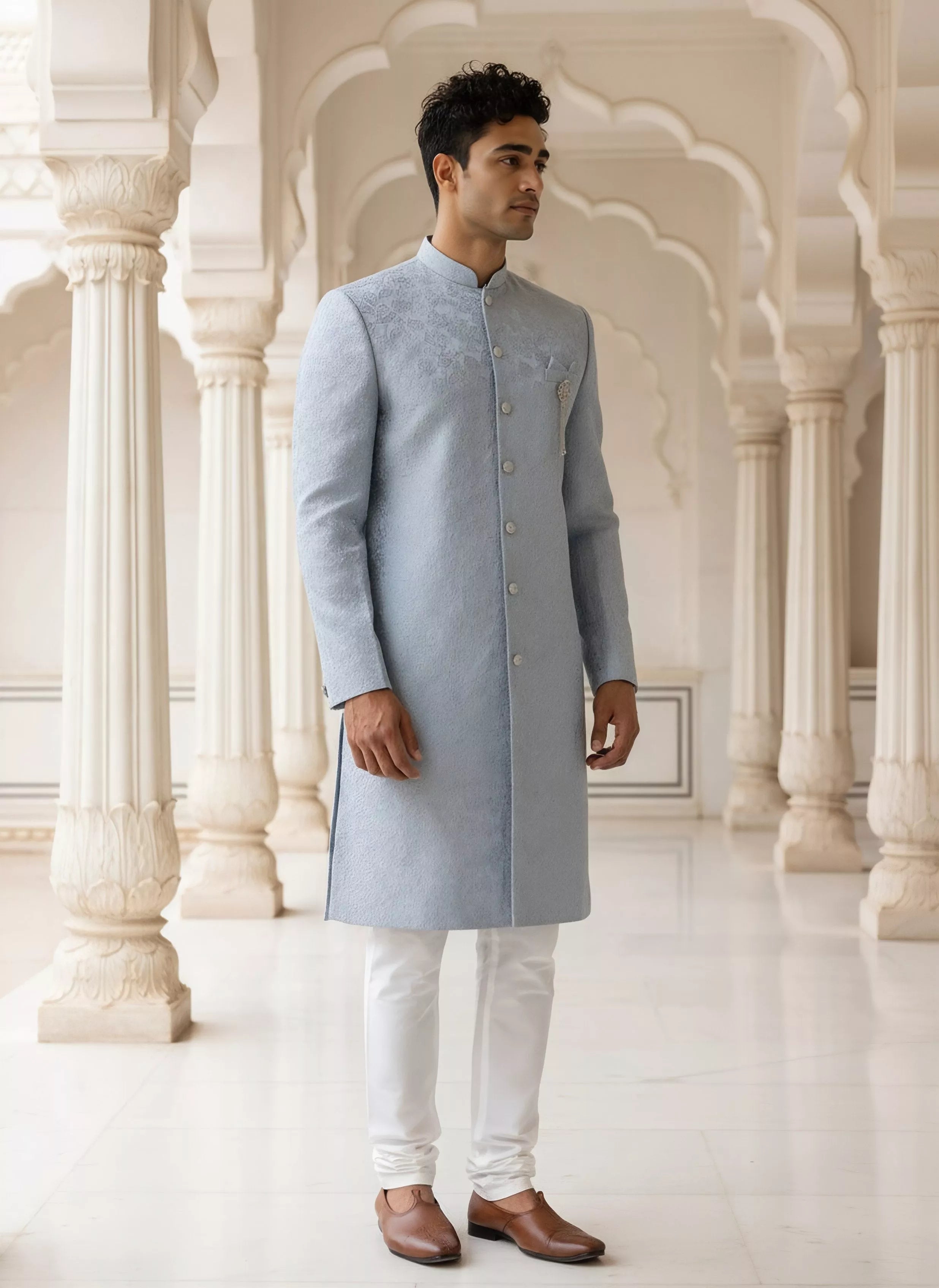 Image of Grey Self Bel Buti Patterned Jacquard Semi Indo