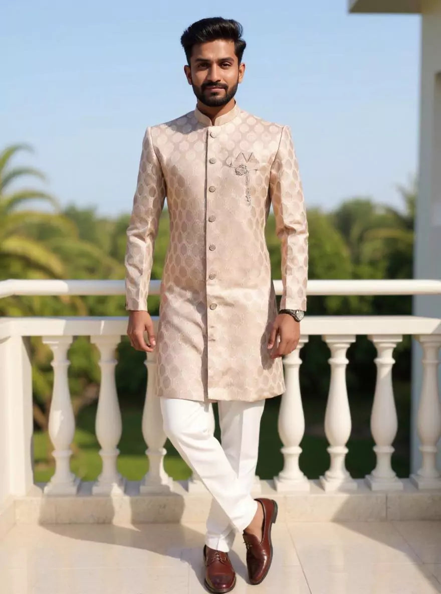 Image of Brown Floral Jacquard Party Wear Semi-Indo
