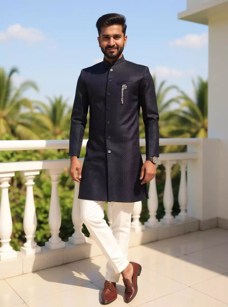 Image of Navy Blue Self Weaving Jacquard Semi-Indo