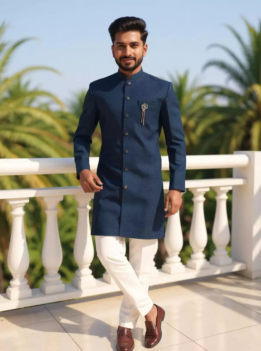Image of Peacock Blue Self Design Jacquard Semi-Indo
