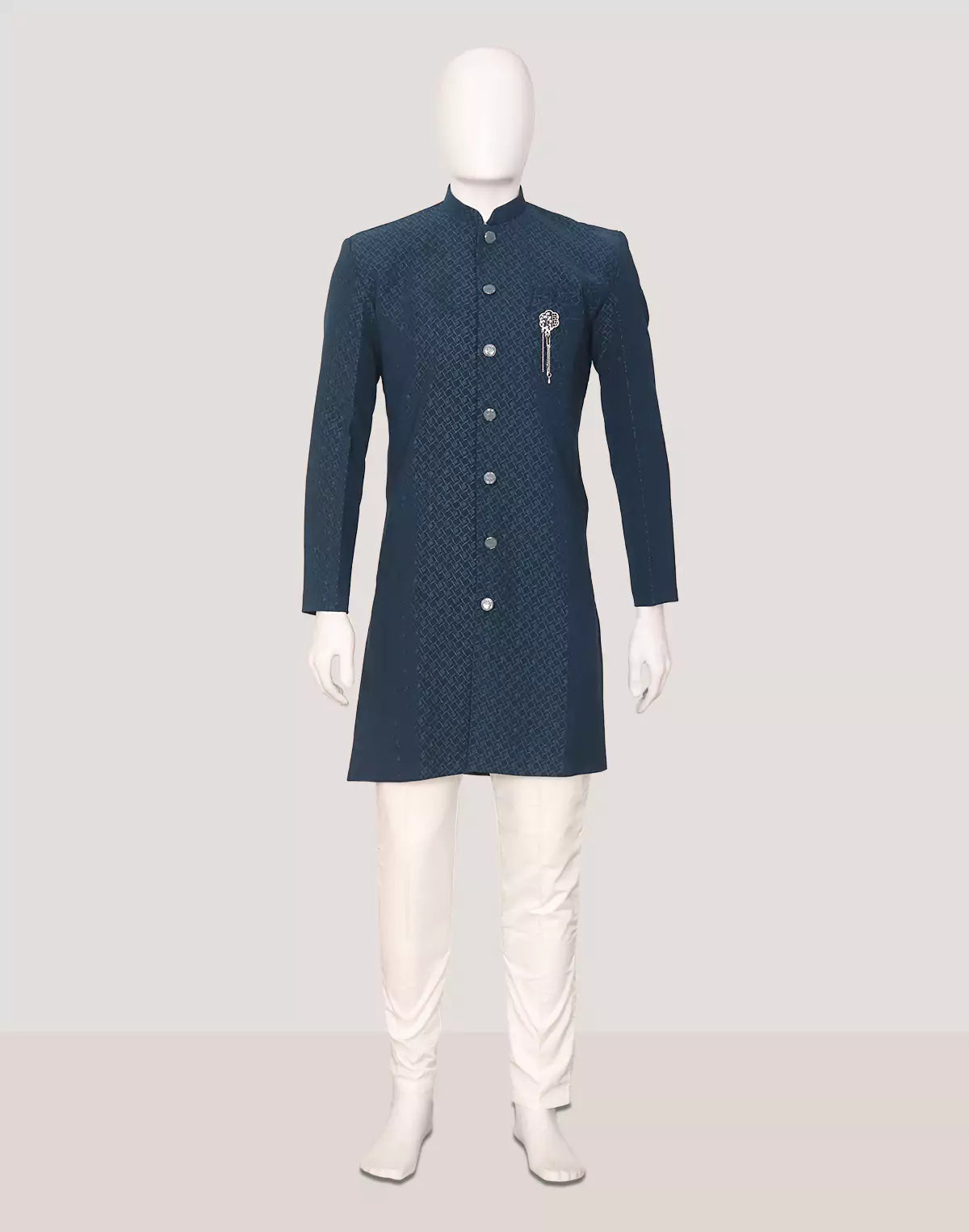 Image of Peacock Blue Self Design Jacquard Semi-Indo