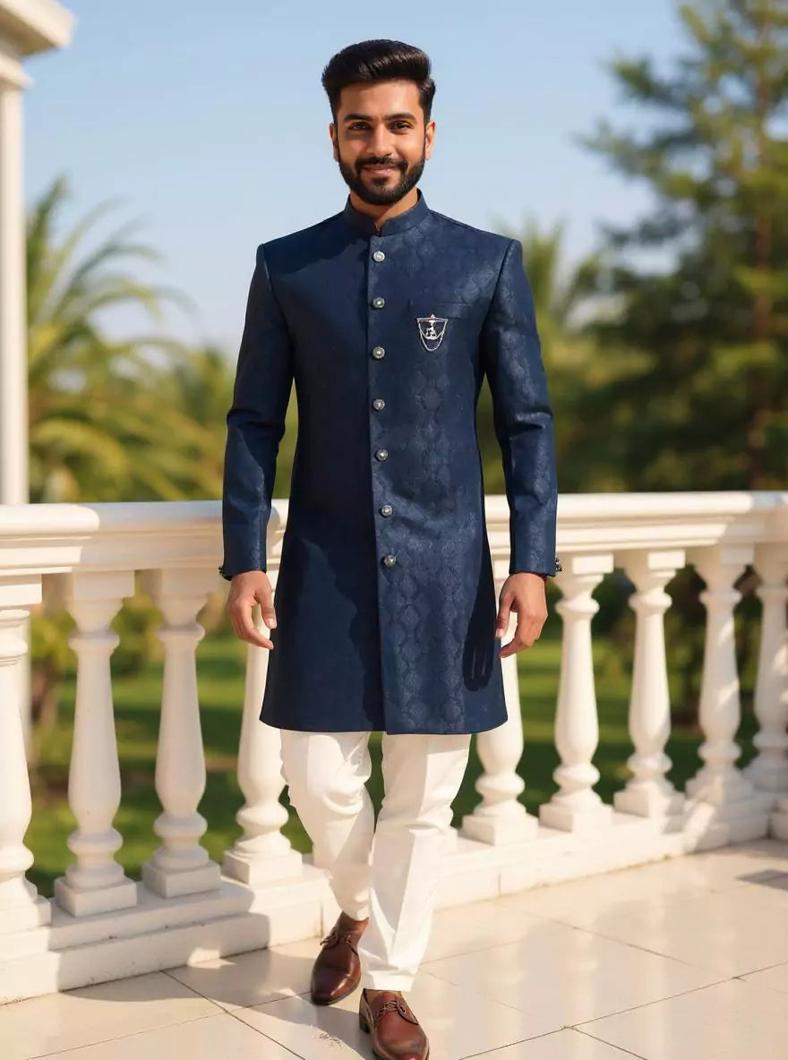 Image of Classic Peacock Color Jacquard Self Design Semi Indo