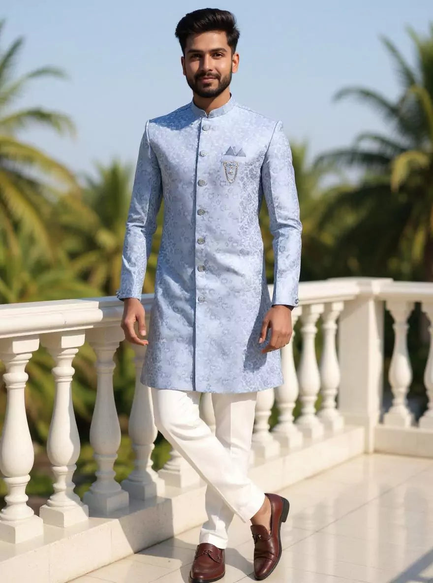 Image of Bel Buti Patterned Sky Jacquard Semi-Indo Set