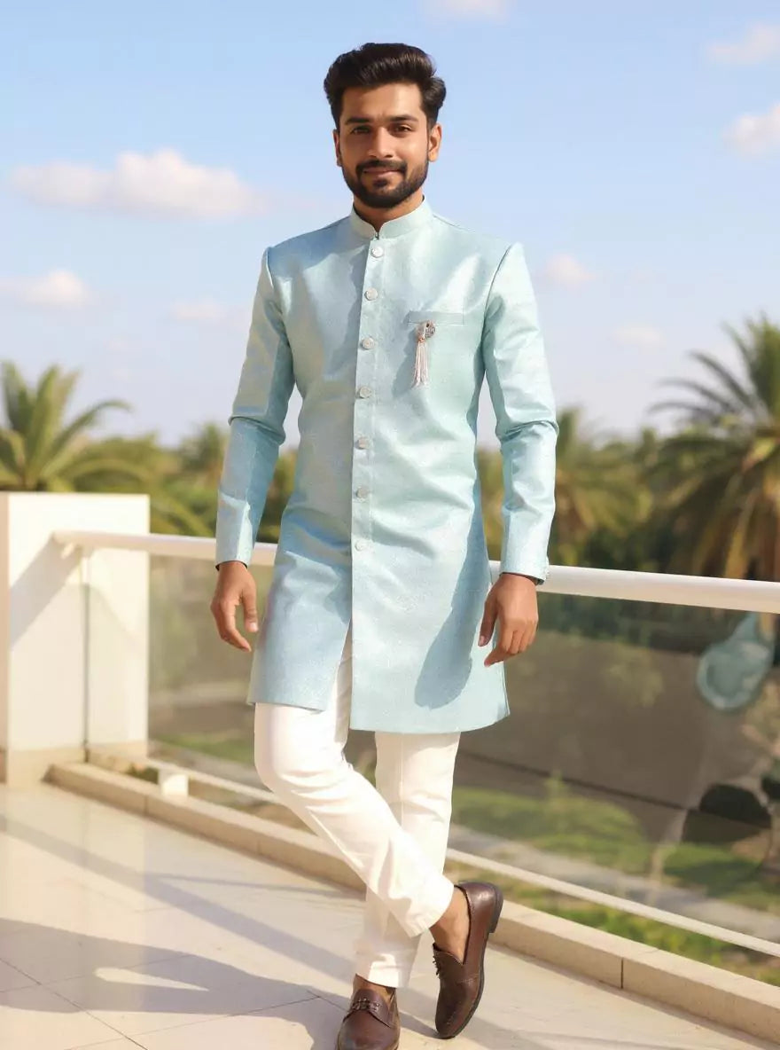 Image of Self Design Firozi Colour Jacquard Semi Indo