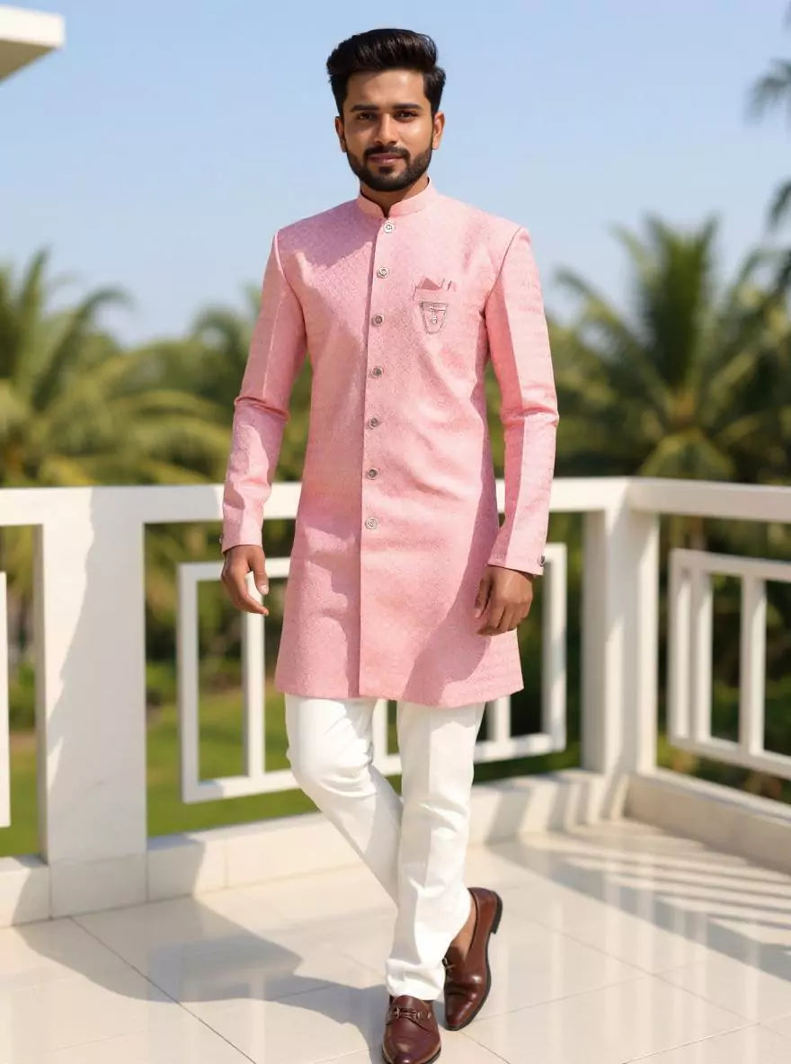 Image of Peach Self Patterned Jacquard Semi-Indo